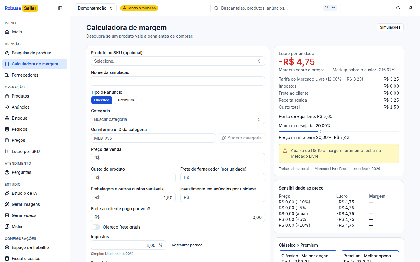 Robuse Seller · Calculadora de margem