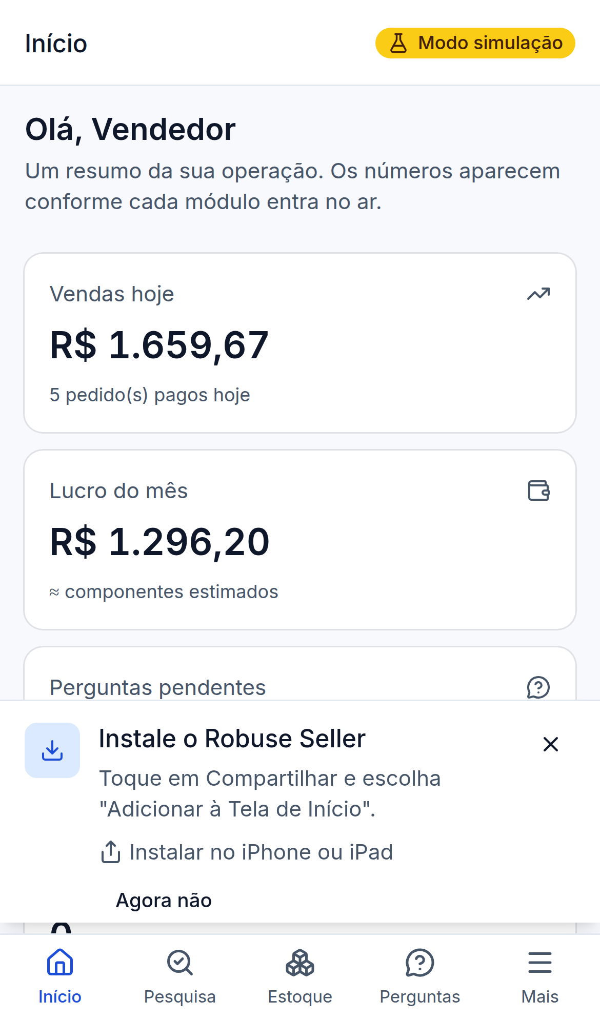 Convite de instalação do Robuse Seller no iPhone